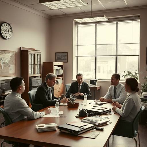 A vintage photograph showing the founding members of Elevate Academy discussing plans in a small office in 1955.